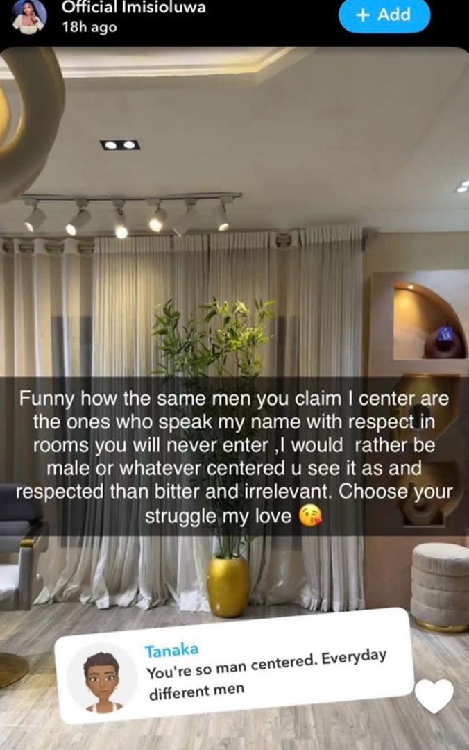 BBNaija star, Imisioluwa, responds to claims she is a ââmale-centered womanâ